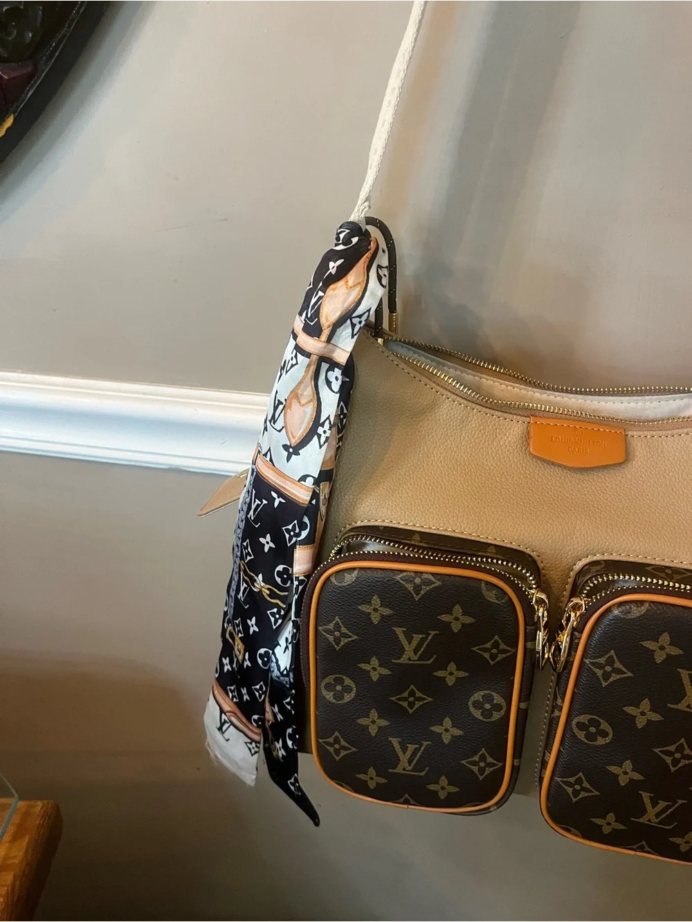 Louis Vuitton style  Tan Shoulder Bag with Monogram Front Pockets